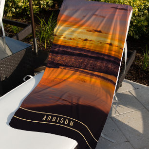 Beach Sunset Orange Yellow Tropical Monogram Beach Towel