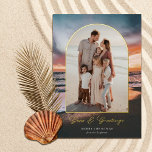 Beach Sunset Painting Seas and Greetings Photo  Foil Holiday Card<br><div class="desc">These beautiful holiday photo cards feature a beach sunset painting in the background and an arch shape photo template. Stylish typography reads, "Seas & Greetings" in real foil, and the arch frame is also foil. The back is a matching dark teal blue but can be customized, if desired. Add photos...</div>