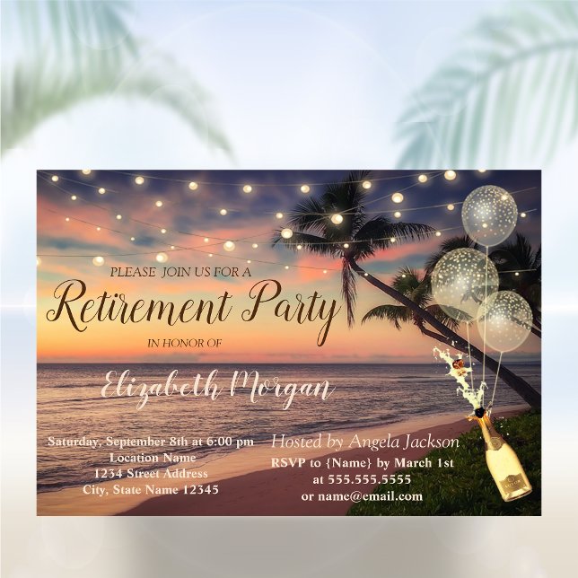 Beach,Sunset,Palm,Balloons,Wine Retirement Party Invitation (Creator Uploaded)