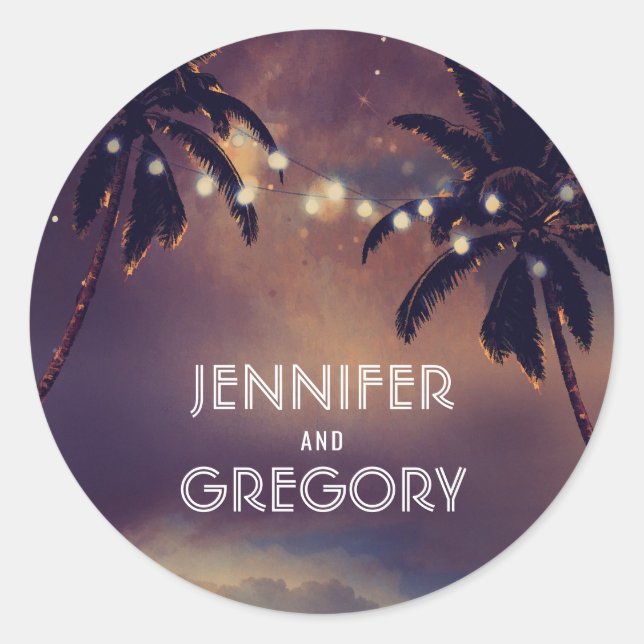 Beach Sunset Palm String Lights Purple Wedding Classic Round Sticker (Front)