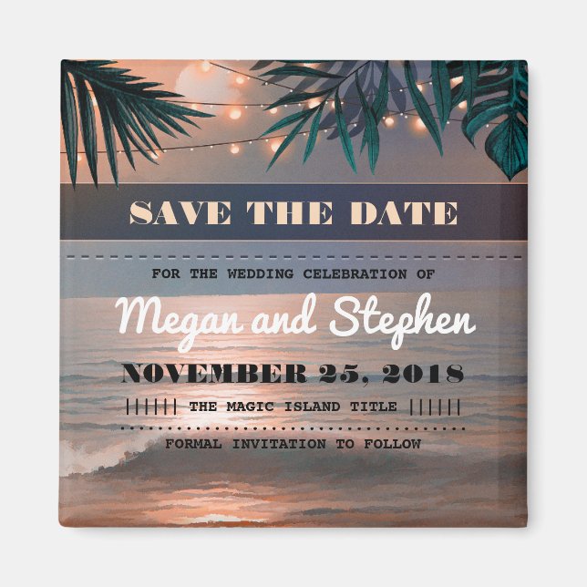 Beach Sunset Palm String Lights Save the Date Magnet (Front)