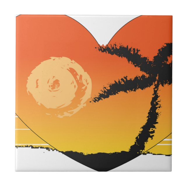 Beach sunset palm tree sun tropical orange art tile (Front)