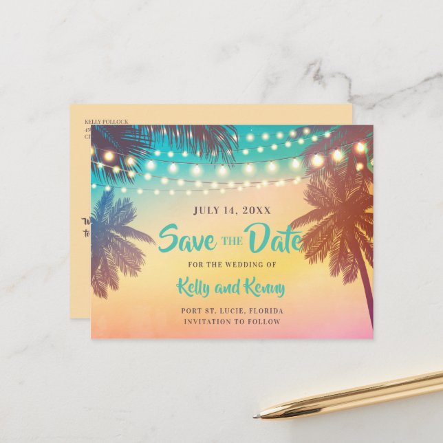 Beach Sunset Palm Trees and Lights Save the Date Postcard (Front/Back In Situ)