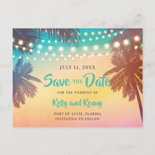 Beach Sunset Palm Trees and Lights Save the Date Postcard