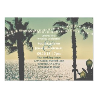 Beach Sunset, Palm Trees and String Lights Wedding Invitation
