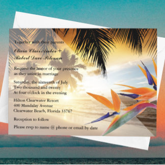 Beach Sunset Palm Trees Bird-of-Paradise Wedding Invitation