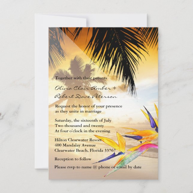 Beach Sunset Palm Trees Bird-of-Paradise Wedding Invitation (Front)