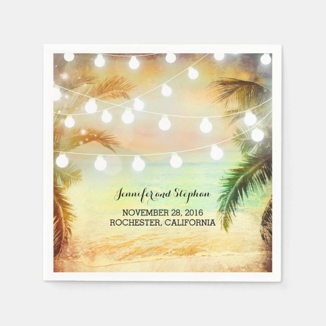Beach Sunset Palms and String Lights Wedding Napkins (Front)