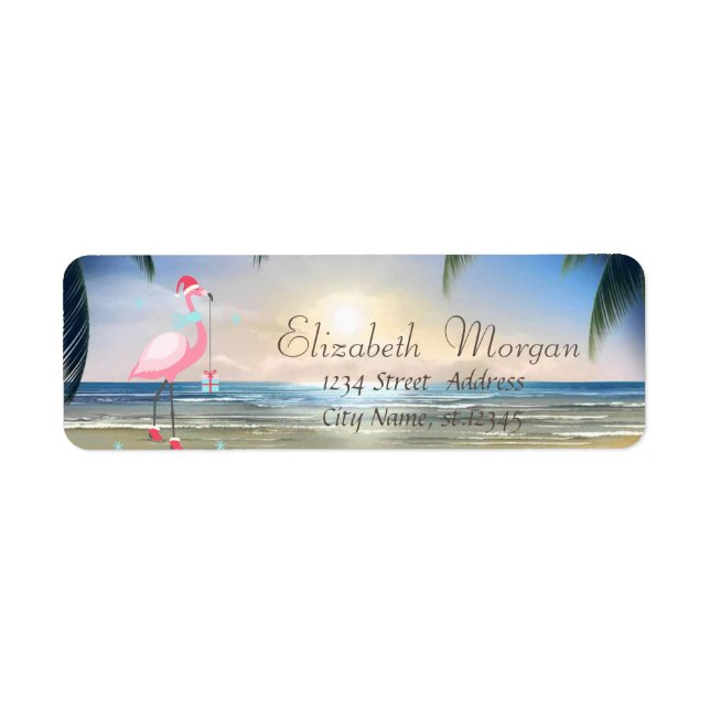 Beach,Sunset,Palms, Pink Flamingo Santa Hat Label (Front)