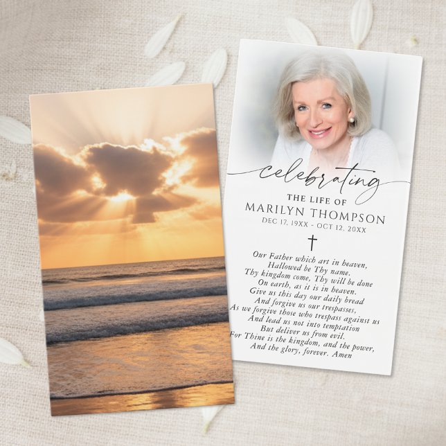 Beach Sunset Photo Cross Funeral Prayer Card (Creator Uploaded)