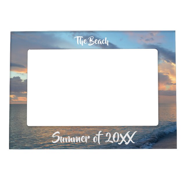 Beach Sunset Photograph Custom Text & Date Magnetic Frame (Front)