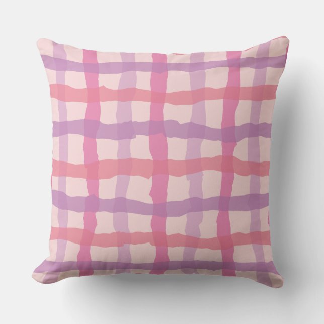 Beach Sunset Pink and Purple Gingham Throw Pillow (Front)