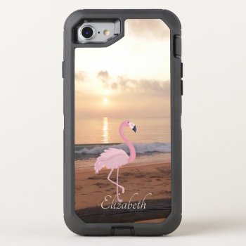 Beach Sunset  Pink Flamingo - Personalized Otterbox Defender Iphone Se/8/7 Case by Biglibigli at Zazzle