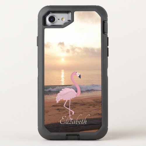 Beach Sunset Pink Flamingo _ Personalized OtterBox Defender iPhone SE87 Case