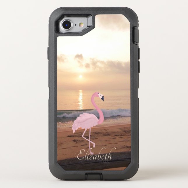Beach Sunset, Pink Flamingo - Personalized Otterbox iPhone Case (Back)