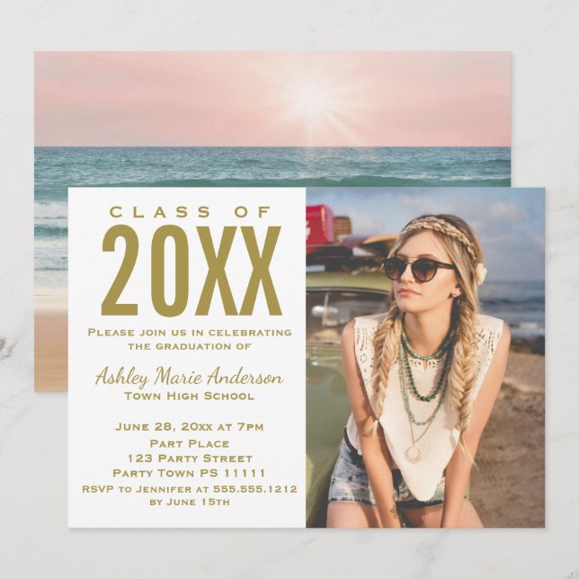 Beach Sunset Pink Gold Graduation Party with Photo Invitation (Front/Back)