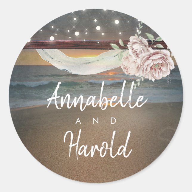Beach Sunset Romantic Summer Wedding Classic Round Sticker (Front)