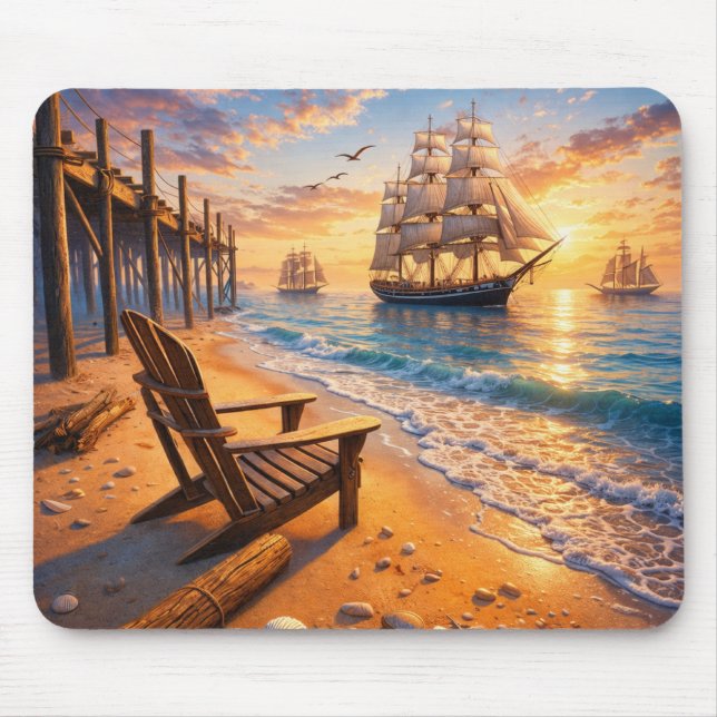 Beach Sunset Sailing Scene Mouse Pad (Front)