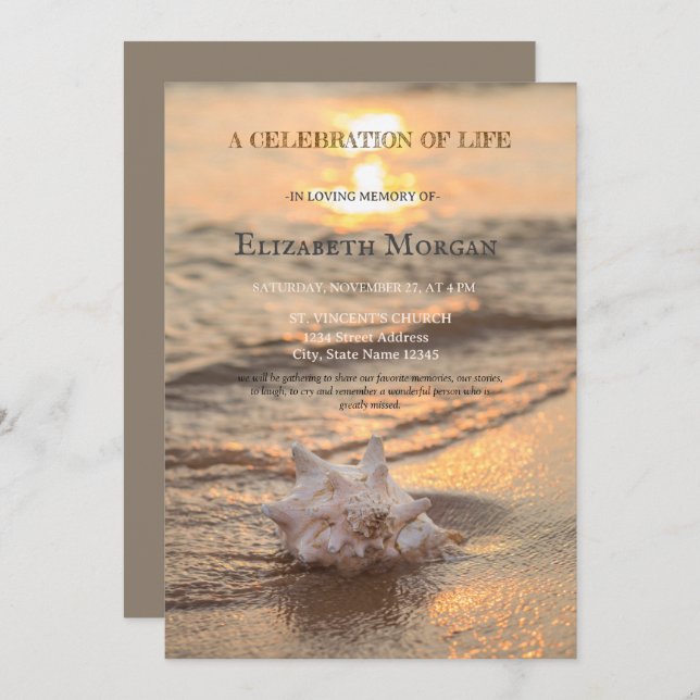 Beach Sunset Seashell Celebration Of Life Invitation (Front/Back)