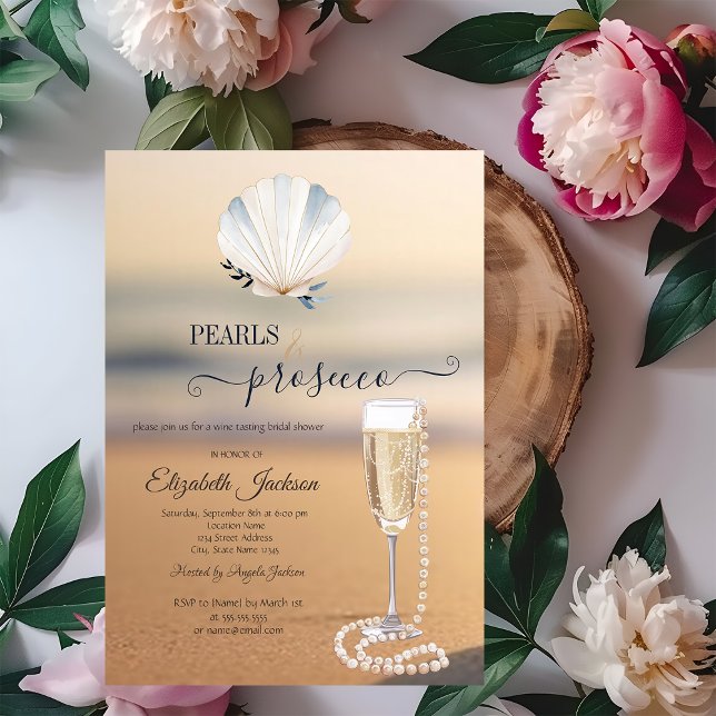 Beach Sunset Seashell Pearls & Prosecco Invitation (Creator Uploaded)