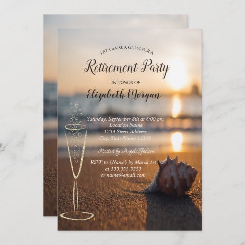 Beach Sunset Seashell Wine Glass Retirement Invitation