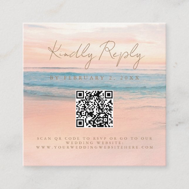 Beach Sunset Seaside Wedding Scan Code RSVP Enclosure Card (Front)
