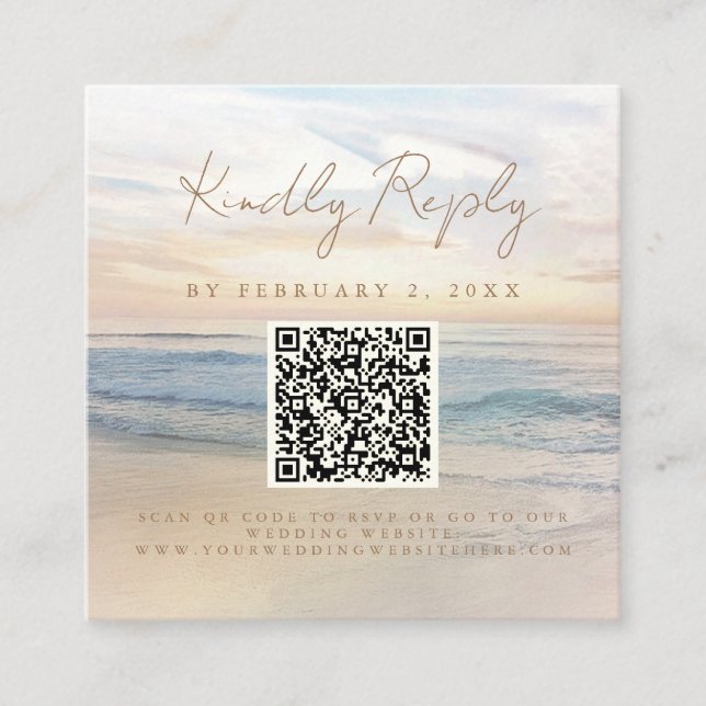 Beach Sunset Seaside Wedding Scan Code RSVP Enclosure Card (Front)