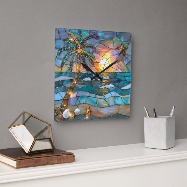 Beach Sunset Stained Glass Wall Clock (Office)