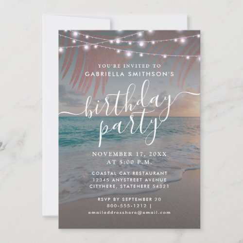 Beach Sunset String Lights at Dusk Birthday Party Invitation