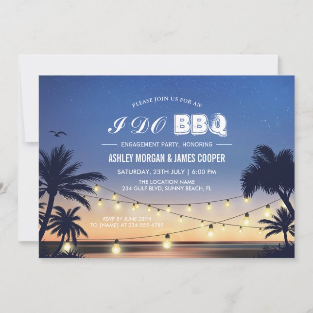 Beach Sunset String Lights I DO BBQ Engagement Invitation (Front)