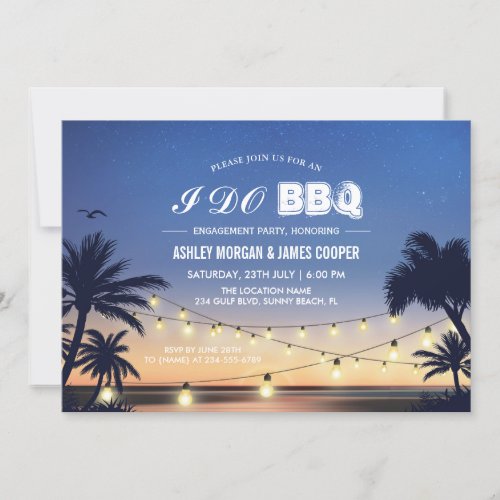 Beach Sunset String Lights I DO BBQ Engagement Invitation