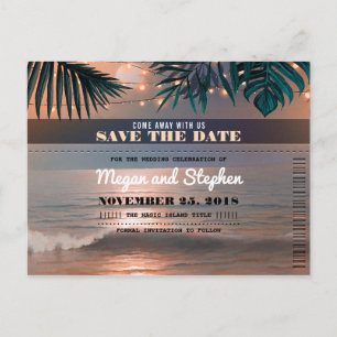 Beach Sunset String Lights Palms Save the Date Announcement Postcard