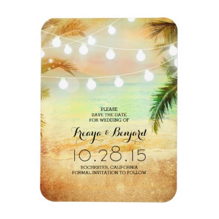 Beach Sunset String Lights Palms Save The Date Magnet
