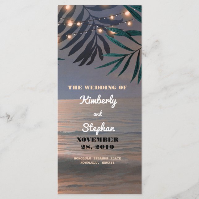 Beach Sunset String Lights Palms Wedding Programs (Front)