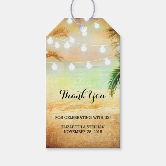 Beach Sunset String Lights Palms Wedding Thank You Gift Tags