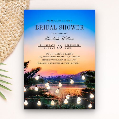 Beach Sunset String Lights Photo Bridal Shower Invitation