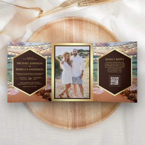 Beach Sunset String Lights Photo QR Code Wedding Tri-Fold Invitation
