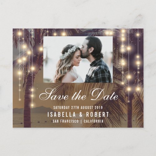 Beach Sunset  String Lights Photo Save The Date Announcement Postcard