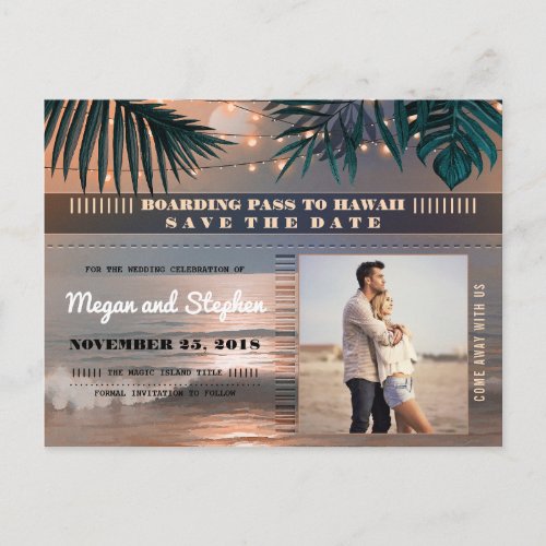 Beach Sunset String Lights Photo Save the Date Announcement Postcard