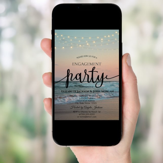 Beach Sunset,String Lights Script Engagement   Invitation (Front Digital)