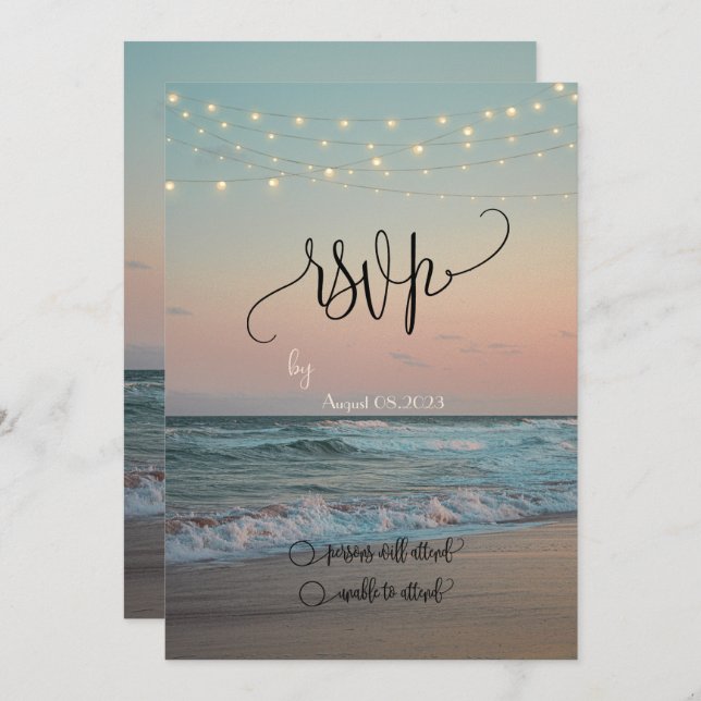Beach Sunset,String Lights Script RSVP   Invitation (Front/Back)