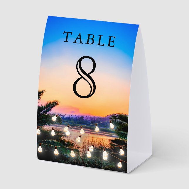 Beach Sunset String Lights Wedding Table Number Paper Table Tent (Front)