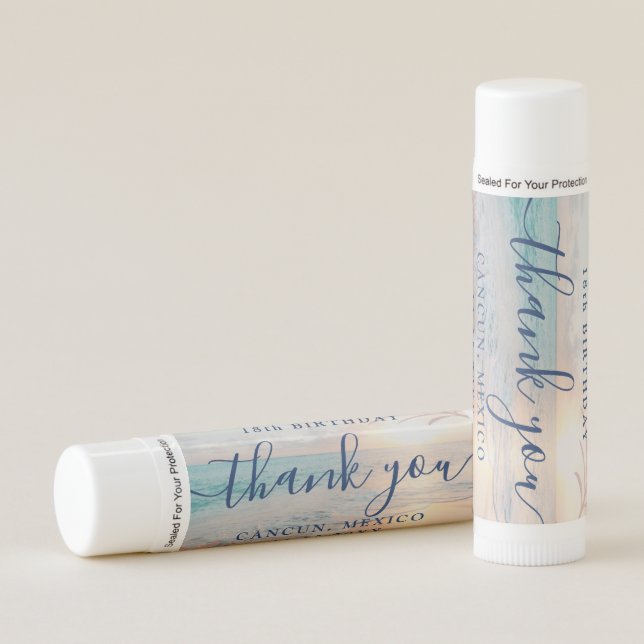 Beach Sunset Thank You Personalized Birthday Favor Lip Balm (Front)