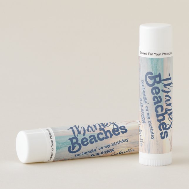 Beach Sunset "Thanks Beaches" Birthday Favor Lip Balm (Front)
