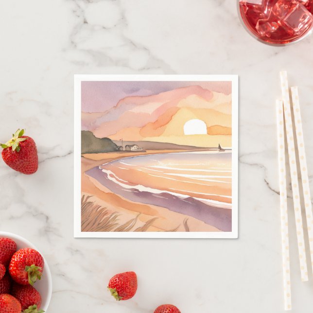 Beach Sunset Watercolor | Beautiful Ocean Painting Napkins (Insitu)