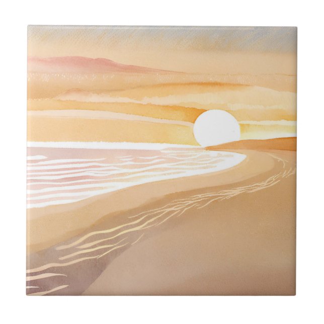Beach Sunset Watercolor | Beautiful Yellow  Ceramic Tile (Front)