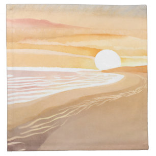 Beach Sunset Watercolor   Beautiful Yellow Painted Cloth Napkin