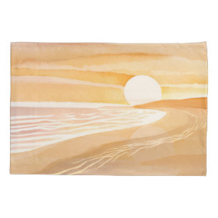 Beach Sunset Watercolor Beautiful Yellow Pillow Case