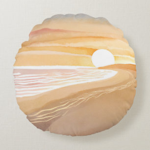 Beach Sunset Watercolor Beautiful Yellow Round Pillow