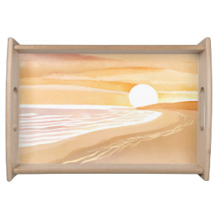 Beach Sunset Watercolor   Beautiful Yellow  Serving Tray